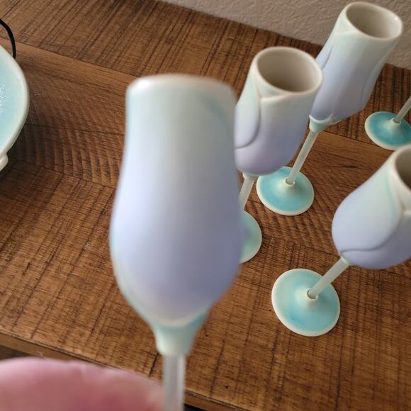 Retired Newman Ceramic Works Blue Rosebud Cordial Glasses Signed Set of 6 - Picture 7 of 10